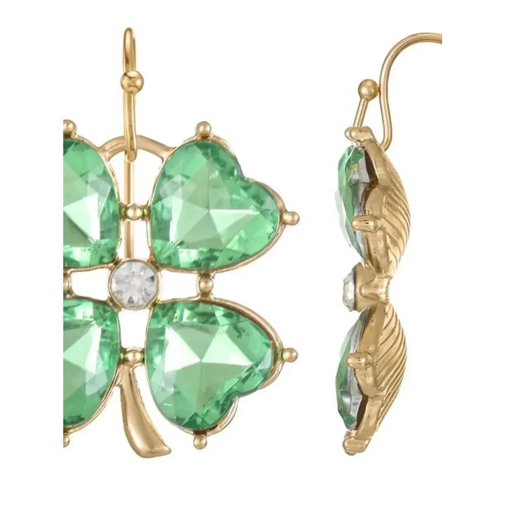 New St Patrick’s Day Green Crystal Clover Drop Earrings - Gold Tone